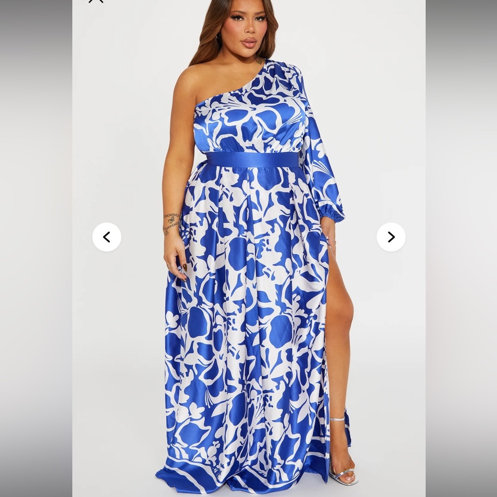 Fashion Nova Blue and White One-Shoulder Slit Satin Gown Vacation Destination